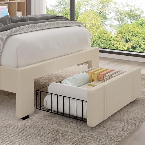 Twin Size Upholstered Bed Frame with Drawer and Headboard