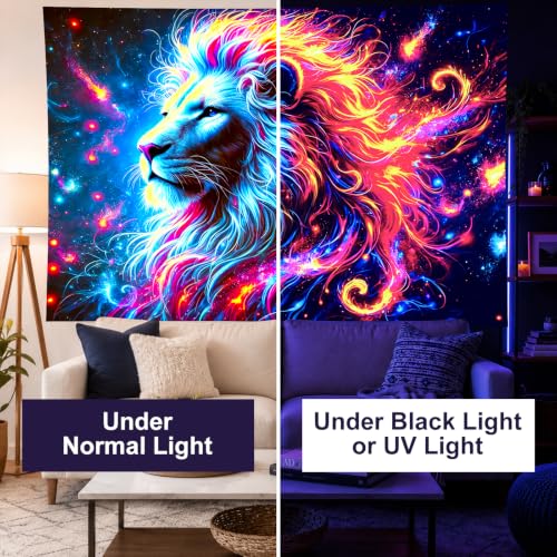 Blacklight Tapestry Lion Galaxy Party Backdrop 78 x 59 Inch