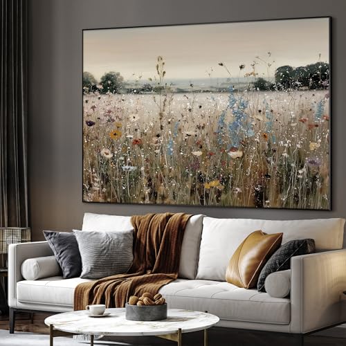36"x46" Extra Large Framed Wall Art Wildflower Meadow Landscape Soft Pastel Field Illustration for Home Living Room Bedroom Decor