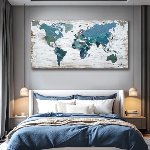 Teal Decor map of the world Canvas Wall Art Pictures for Living Room Decoration Blue Wall Decor Office World Map Art Picture Framed Artwork for Home Bedroom Decoration 40"x79"