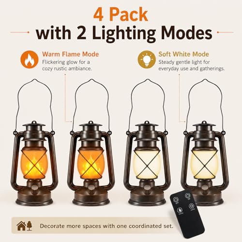 Battery Powered Vintage LED Lanterns 4 Pack with Remote Control (4 Count)