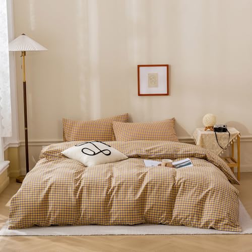 Gingham Comforter Set King Modern Style Checkered Plaid Printed Bedding Comforter Set 3 Pieces Boho Grid Comforter King Fluffy Soft Purple Yellow Gingham Bedding Comforter with 2 Pillowcases