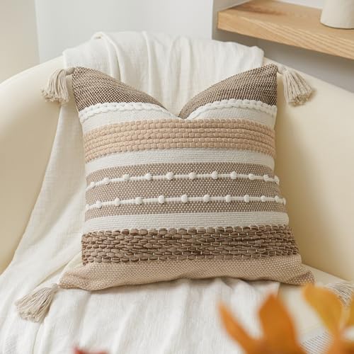 Brown Decorative Throw Pillow Cover 18x18 Square Boho Accent Pillowcase Tassels Farmhouse Cushion for Couch Sofa Bedroom Livingroom Home Décor Cover ONLY