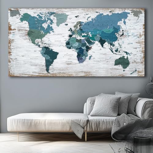 Teal Decor map of the world Canvas Wall Art Pictures for Living Room Decoration Blue Wall Decor Office World Map Art Picture Framed Artwork for Home Bedroom Decoration 40"x79"