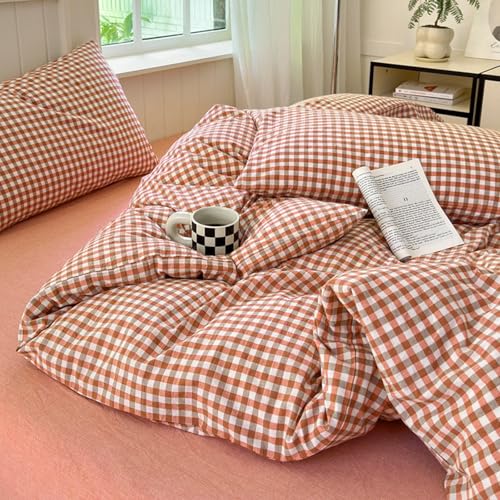 Gingham Comforter Set King Vintage Plaid Checkered Pattern Comforter Lightweight Soft Gingham Bedding Red Orange Grid Comforter with 2 Pillowcases Farmhouse Checkered Comforter Set