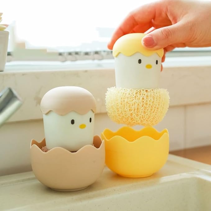 Cleaning Brush with Eggshell Chicken Themed Design and ForNano Fiber Cleaning Ball for Dishwashing and Pot Scrubbing with Ergonomic Handle and Compact Storage (2pcs-Pink)
