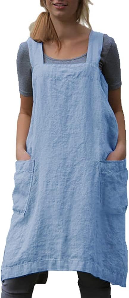 Women's Pinafore Apron Cross Back Apron with Pockets Cotton Linen Apron Dress Plus Size