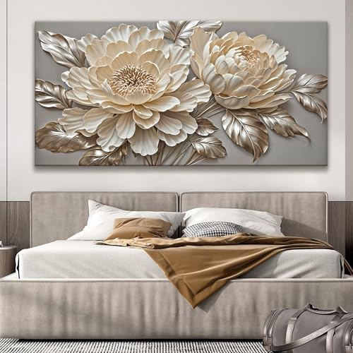 Large White Flower Canvas Wall Art For Living Room Prints 29 X 58 Inch
