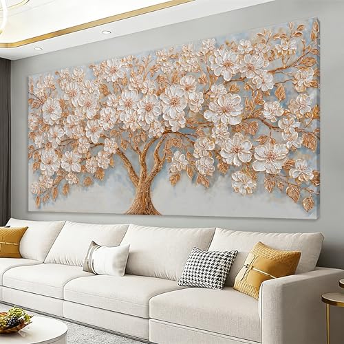 Canvas Wall Art Decor Gold Tree of Life Canvas Art Wall Decor For Living Room Modern Botanical Decor Nature White Flower Wall Art Floral Tree Artwork For Walls Bedroom Home Office Wall Decor 20"×40"