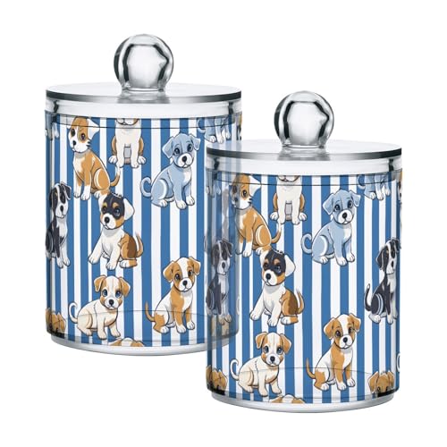 2 Pack Qtip Holder Organizer Dispenser Cute Puppies Blue White Stripes Bathroom Storage Canister Cotton Ball Holder Container for Cotton Pads (2 Count)