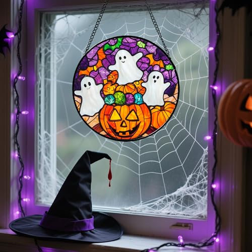Stained Glass Window Hanging Halloween Horror Pumpkin White Ghost 7.8"