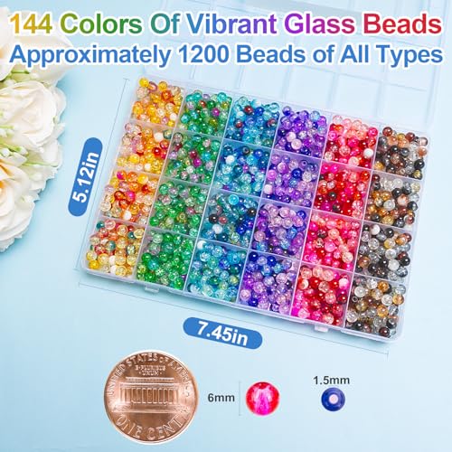 About 144 Colors 1200PCS 6mm Glass Beads Bracelet Making Set (1200 Count)