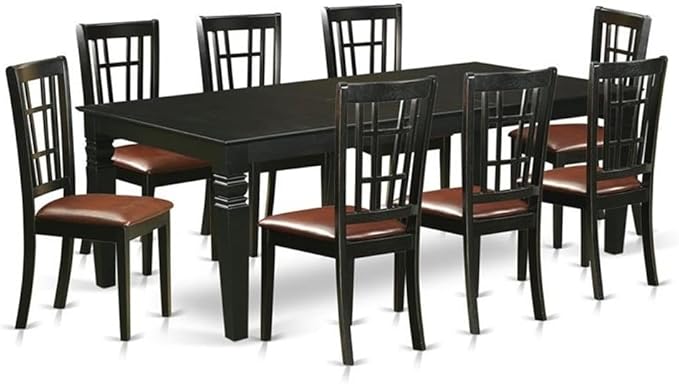 East West Furniture LGNI9-BLK-LC 9 Piece Kitchen Table & Chairs Set Includes a Rectangle Dining Room Table with Butterfly Leaf and 8 Faux Leather Upholstered Chairs, 42x84 Inch, Black