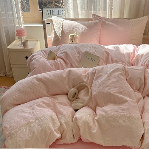 Pink Gingham Comforter Set Twin XL Fluffy Soft Princess Style Girls Lace Bedding Set Vintage Plaid Checkered Comforter with 2 Pillowcases Farmhouse Gingham Bedding Grid Bed Comforter Set