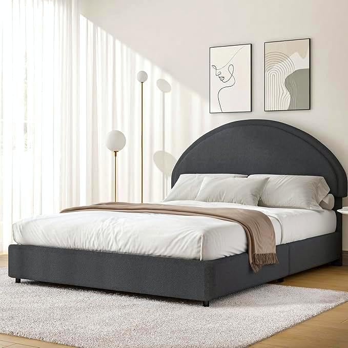Queen Bed Frame, Boucle Upholstered Platform Bed Frame with Headboard, Soft Platform Bed with Round Conner, No Box Spring Required, Easy Assembly, Dark Grey
