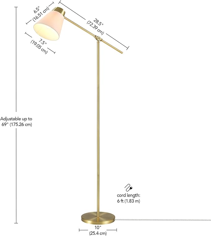 69" Floor Lamp, Swing Arm, Matte Brass Plated, On/Off Rotary Switch on Socket