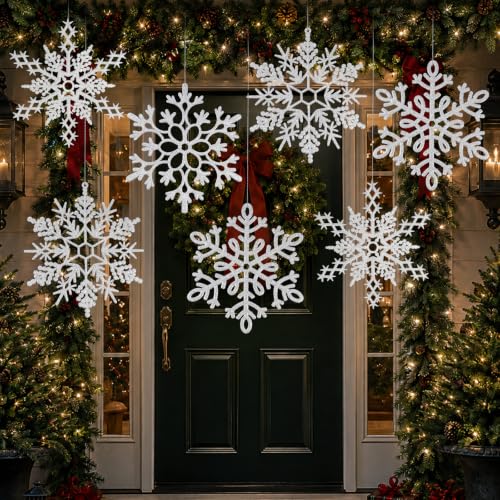 12pcs Large Silver Snowflakes Ornaments 12” Big Plastic Glitter Snowflake for Winter Indoor Outdoor Christmas Tree Window Room Decorations Giant Craft Snowflakes (12 Count)