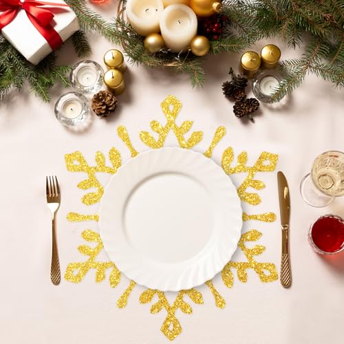 60Pcs Christmas Snowflake Paper Placemat Disposable Gold Glitter Snowflake Shaped Dining Table Setting for Winter Xmas Holiday Wedding Birthday Party Kitchen (60 Count)