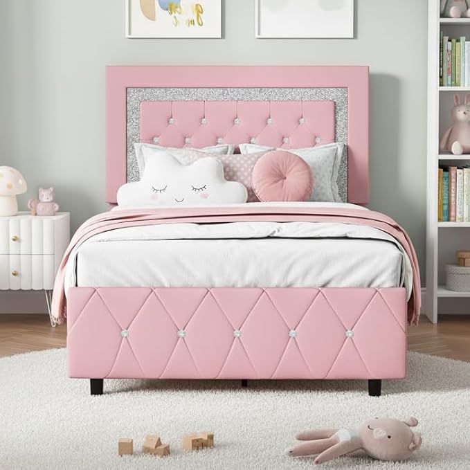 BarnFurin Twin Bed Frame with Headboard, Faux Leather Upholstered Bed with Diamond Tufted Design, Princess Twin Bed Frames for Kids, No Box Spring Required, Easy Assembly, Pink