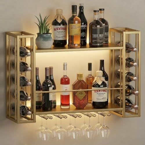40" Wall Mounted Wine Rack with LED Lights & Wine Glass Rack