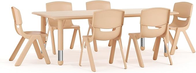 Flash Furniture Emmy Adjustable Classroom Activity Table with 6 Stackable Chairs, Plastic Activity Table for Kids, 23.625" W x 47.25" L, Natural