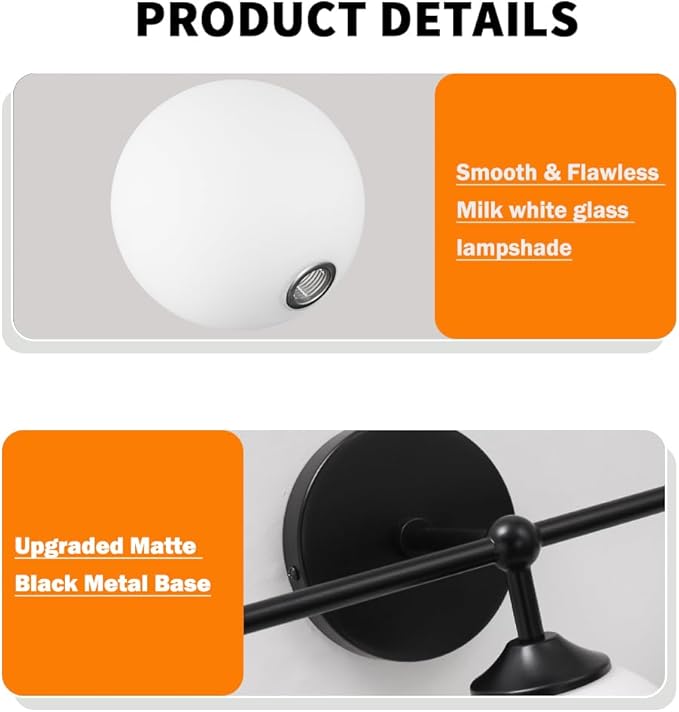 Black Bathroom 3-Lights Vanity Light Fixtures, Minimalist Vanity Lights