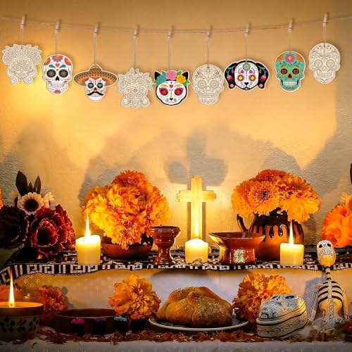 36PCS Wooden Day of The Dead Skull Ornaments to Paint Dia De Los Muertos Decorations Crafts for Kids