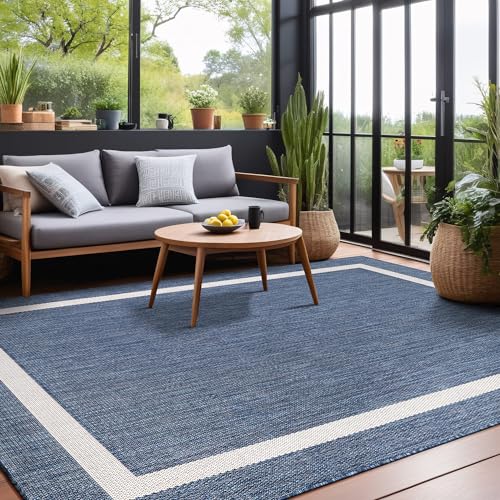 Bordered Outdoor Rug 6x9 Washable Outside Carpet for Indoor Patio Porch Waterproof Easy Cleaning Non Shedding Area Rugs Blue 6 x 9