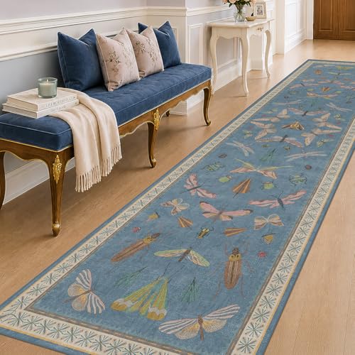 Blue Vintage Insect Runner Rug for Hallway 3x12 (36 Sq Ft)