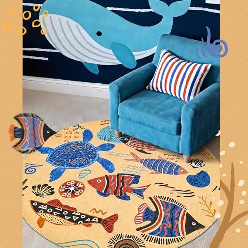 4ft Coastal Round Rug Washable Kids Rug Colorful Ocean Fish Mat Tan (12.57 Sq Ft)