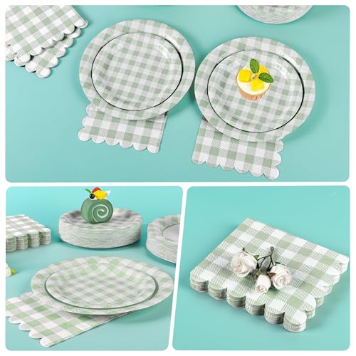 175 Pcs Sage Green Gingham Paper Plates and Napkins Cups (175 Count)