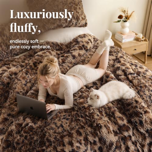 Fluffy Full Size Comforter Set Leopard Print Faux Fur Comforter 3Pcs