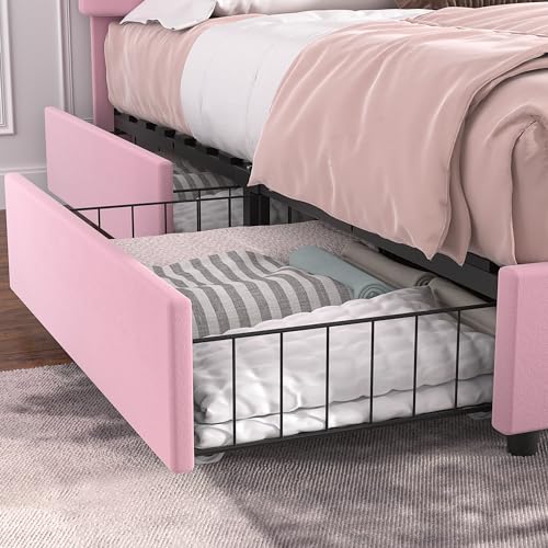 Queen Size Upholstered Bed Frame with 4 Drawers and Headboard