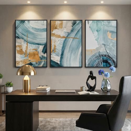 Large Framed Blue and Gold Abstract Wall Art for Living Room (3 Count)