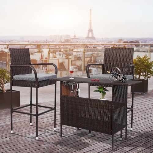 Wicker Outdoor Bar Table with 2 Steel Shelves