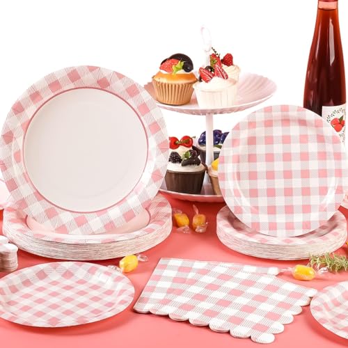 150 Pcs Pink Gingham Paper Plates and Napkins (150 Count)