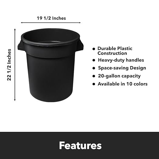 Feed and Seed Storage Container, 20 Gallon Black Round Commercial Trash Can with Lid and Dolly, Food Storage Plastic Bin, Use in Agricultural, Gardening, or Household