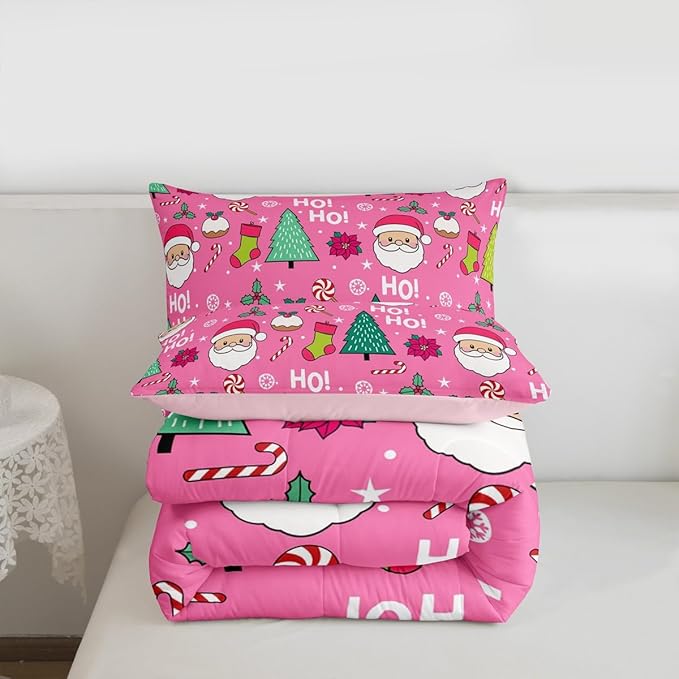 Feelyou Pink Merry Christmas Comforter Set All Season Santa Claus Bedding Set with 2 Pillow Cases Xmas Microfiber Kids King Bedclothes Happy New Year Bedroom Decor Duvet Quilt Soft Lightweight