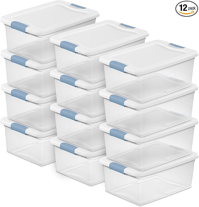 Sterilite 12-Pack Latching Box, Under Bed Storage Bins with Lids, Clear Plastic, 15 Quart - Heavy-Duty Organizing Containers for Closet, Bathroom, and Office