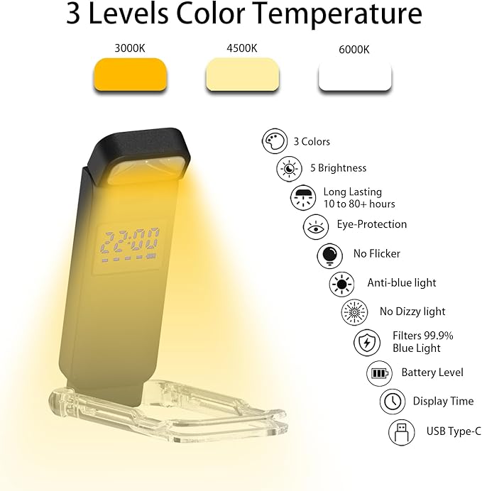 SFV Digital Book Lights for Reading at Night, USB Rechargeable Reading Lights