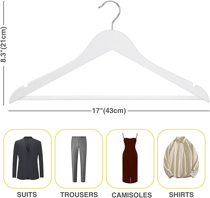 White Wooden Hangers 30 Pack Slim Coat Hangers for Closet with Smooth Finish,Shirt,Suit,Dress,Heavy Duty Clothes Hanger