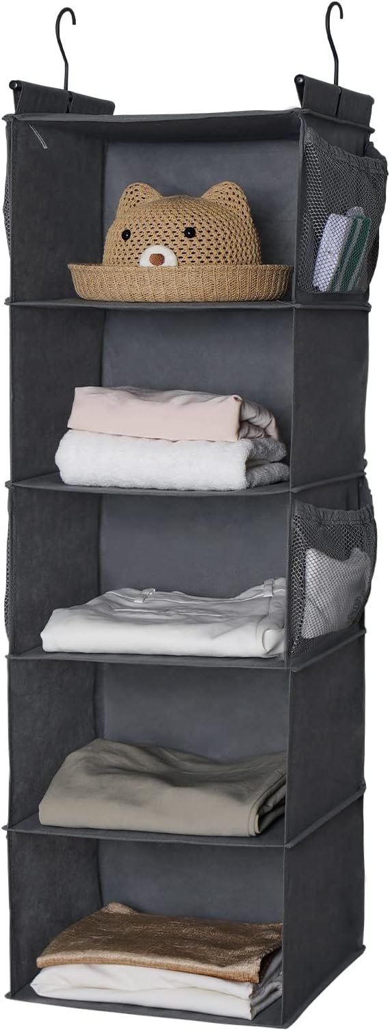 MAX Houser 5 Shelf Hanging Closet Organizer, Space Saver, Cloth Hanging Shelves with 4 Side Pockets, Foldable, Grey
