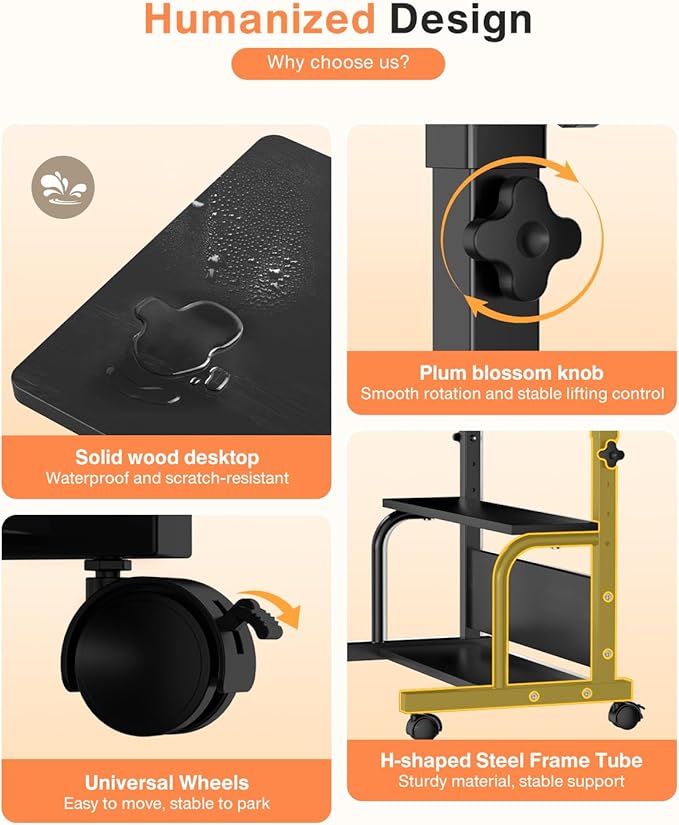 Portable Rolling Desk on Wheels Adjustable Height Desks for Small Spaces, 32" Computer Desk with Storage Shelves for Home Office Black