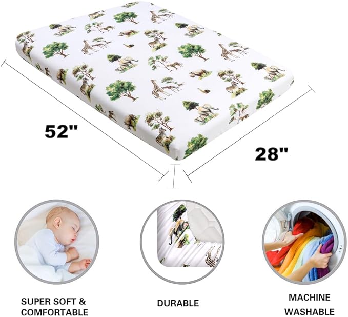 4 Pack Safari Jungle Animals Neutral Unisex Fitted Nursery Baby Sheets Set Toddler Mattress Sheets for Baby Boys or Girls (Crib Sheets)