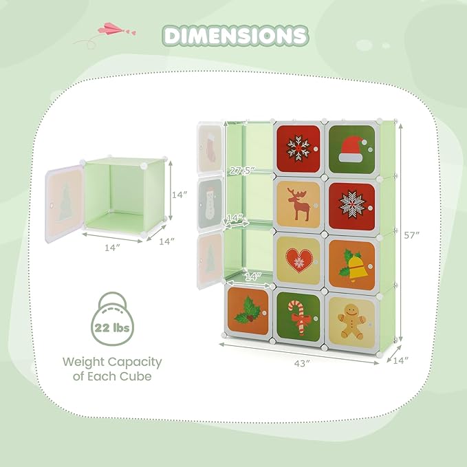 Costzon Kids Closet, Cartoon DIY Modular Dresser Storage Organizer with 12 Cubes & 2 Clothes Hanging Rack, Portable Armoire for Baby Toddlers, Kids Wardrobe for Bedroom Nursery