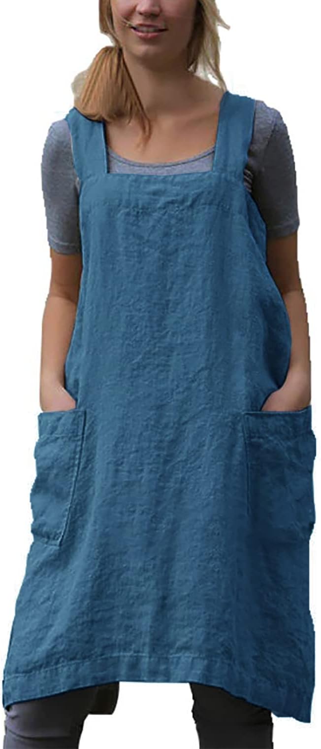 Women's Pinafore Apron with Pockets Plus Size Blue Cotton Linen Apron Dress