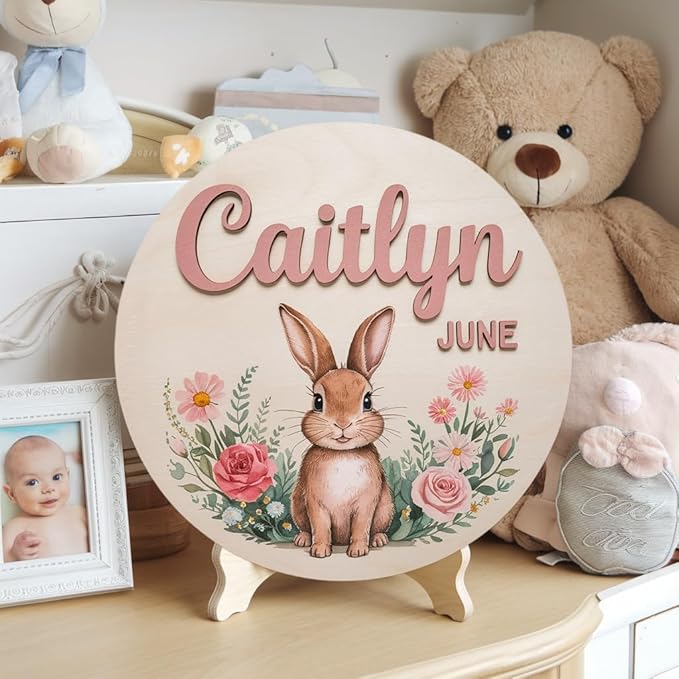 Personalized Name Sign for Nursery, Rabbit Sign for Baby Door Decor, Newborn Gifts for Girl, Girls Nursery Wall Art Bedroom Decorations, Mother's Day Gifts for New Mom Dad Gift