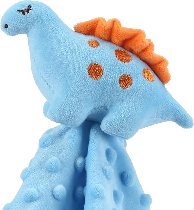 CREVENT Cozy Plush Baby Security Blanket Loveys for Baby Boys, Minky Dot Front + Sherpa Backing with Animal Face (Blue Dinosaur + Tag)