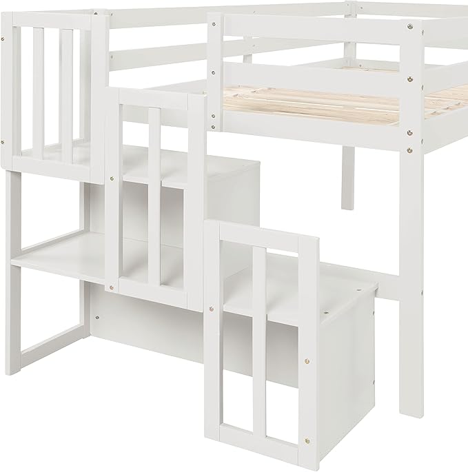 HomSof Loft Bed with Stairs and Storage,White
