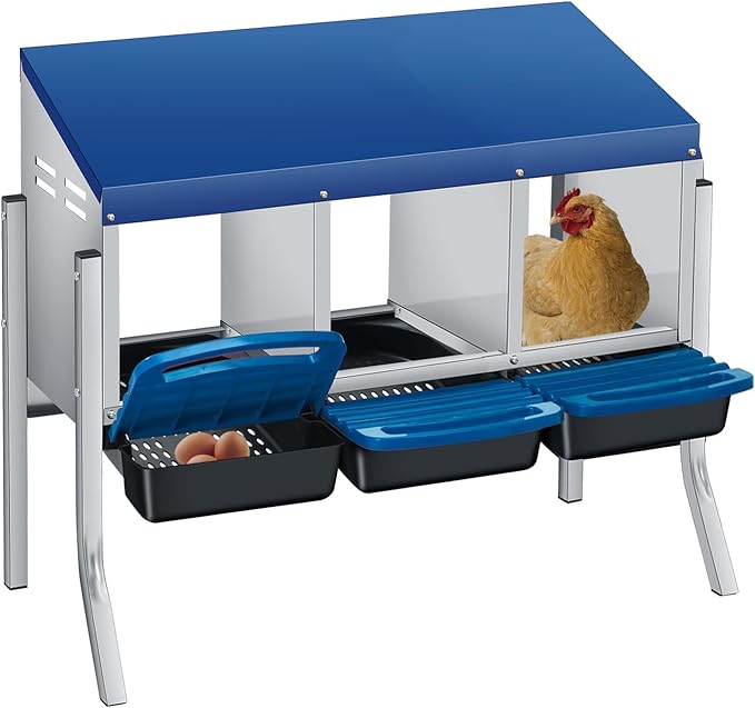 Chicken Nesting Box, 3 Compartment Roll Away Design for High-Volume Egg Collection and Easy Wall Mounting with Metal Legs